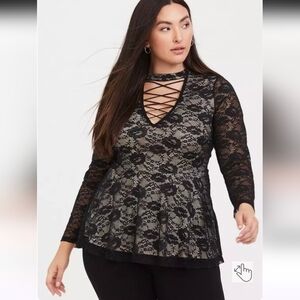 NWT Torrid Black Laceup Lace Peplum Lined Long Sleeve Criss Cross Neck Size 3X